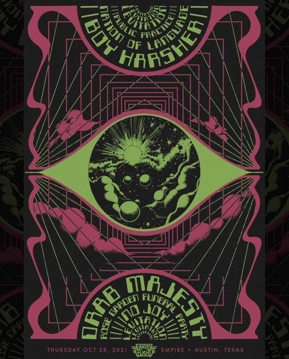 Black, green and pink flier with a green, galactic photo in center. Bands performing are listed on top and bottom of the flier.