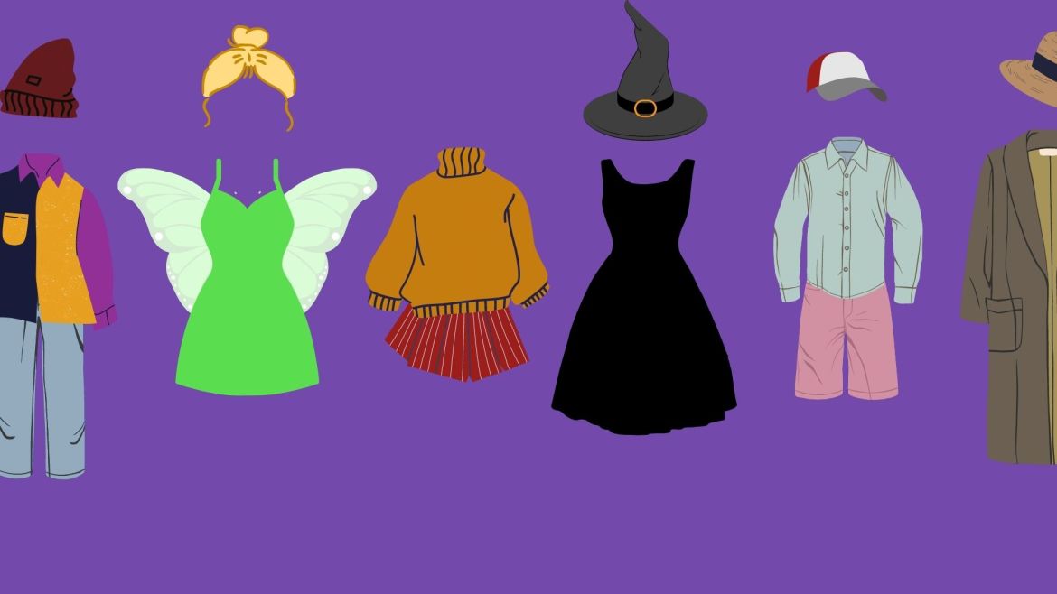 An illustration featuring six outfits meant to resemble six Halloween costume ideas against a solid purple background. From left to right it features a color-block purple, navy and orange button shirt and blue jeans and a red beanie, a green minidress with thin straps with large pale fairy wings behind and above a blonde bun hairstyle, an oversized orange sweater with a red pleated skirt, a black cocktail dress with a traditional witch hat above, a light blue button down formal shirt with pale pink boardwalk shorts and a grey and red baseball hat above, and lastly a grey brown overcoat with a straw sun hat above.
