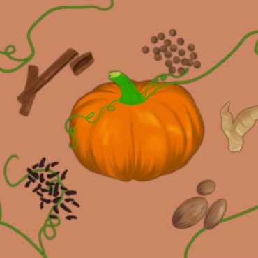 : An cartoon-style illustration of an orange pumpkin in the center of the header with green vines sprouting out of it. Around the pumpkin, the ingredients of pumpkin spice are there. The ingredients are cinnamon sticks, allspice, ginger, nutmeg, and cloves.