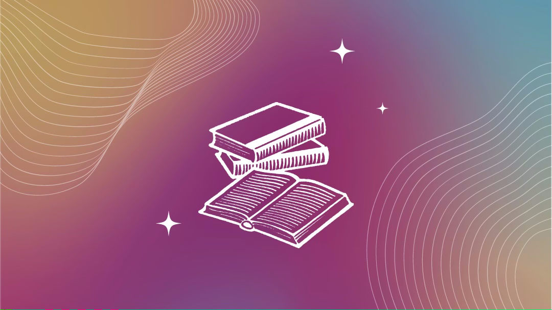 drawing of a stack of books on a purple and pink tie-dye background