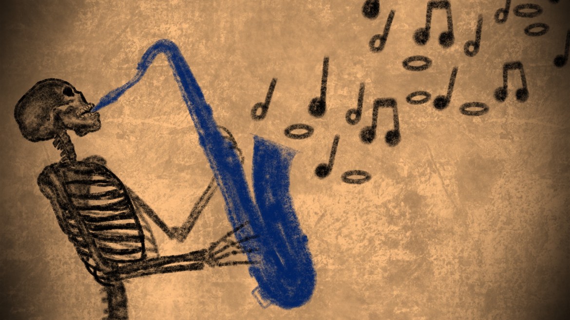 A charcoal skeleton playing a blue saxophone with music notes coming out of the saxophone.