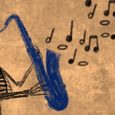 A charcoal skeleton playing a blue saxophone with music notes coming out of the saxophone.
