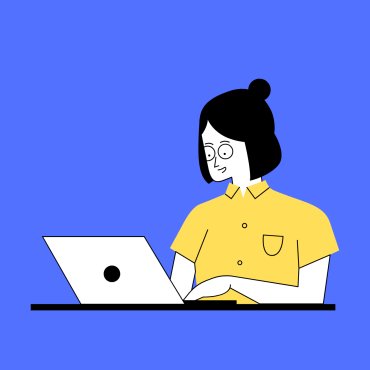 A young woman sits at her laptop in a yellow shirt on a light purple background.