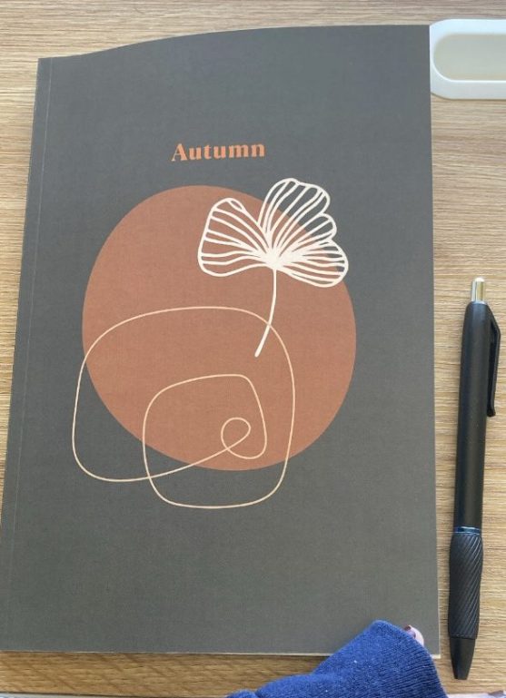 A journal with an abstract shape in orange and a squiggle in white, with a white flower and the text “Autumn”. To the left of the journal is a pen. The journal and pen are resting on a wooden surface. 