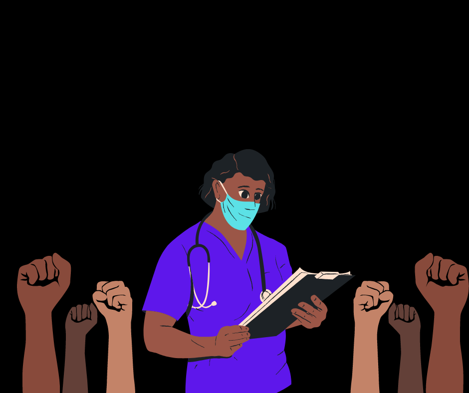 A male nurse stands in the middle of the image hold a clipboard, dressed in scrubs and a mask. Around the corners of the image are black and brown arms and hands being held up in solidarity on a dark black background.