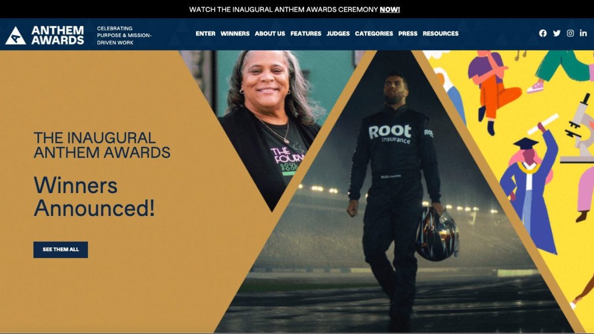 the image on Anthem Awards’s website that announced the winners. The image is yellow with three triangular images of winners. There is a menu bar on top that is blue.