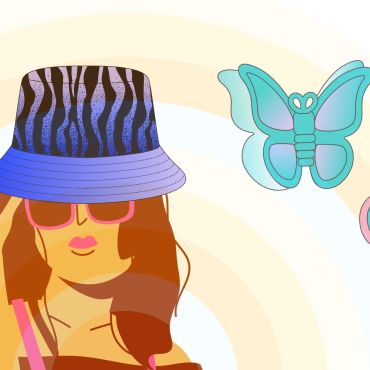 Girl with red hair and pink glasses wearing a blue and purple zebra striped bucket hat. There are three big pink, blue and purple butterfly clips to the right of the girl. There is a transparent pink, yellow, orange and blue rainbow in the background.