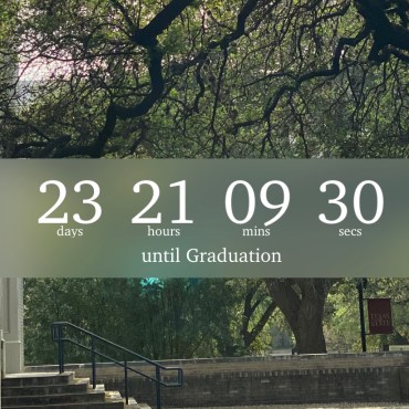 An overlay displaying a gray timer counting down the days, minutes, and hours to graduation with a background of oak trees and stairs on the Texas State campus.