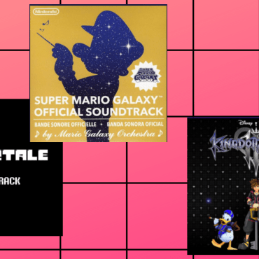 The background is pink with a black grid overlay, and 3 soundtrack albums are scattered across it. The soundtracks read, from left to right, “Undertale Soundtrack,” “Super Mario Galaxy Official Soundtrack,” and, “Kingdom Hearts III”