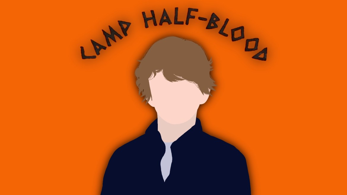 A graphic of Walker Scobell against an orange background with the words Camp Half-Blood above him.