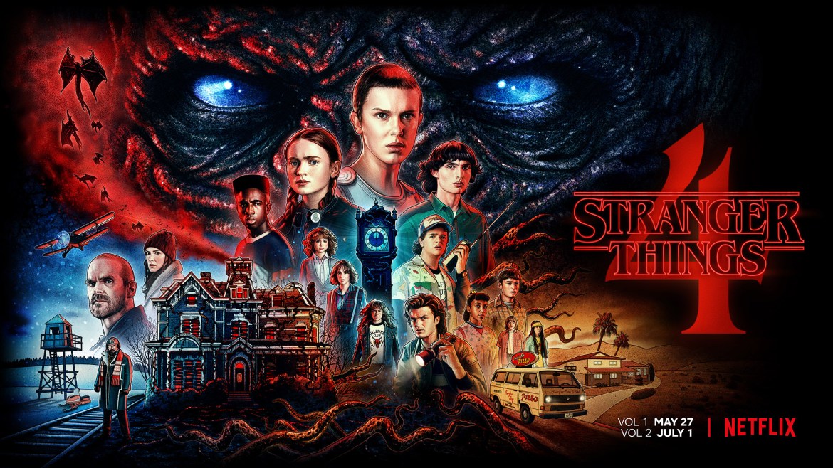 The cast of Stranger Things Season 4 are shown in a drawn artwork image, as well as the ominous eyes of the series’ main villain in the background. Along with the cast are key artifacts to season 4, showing a house, an airplane, a clock, a sled, and a watch tower.