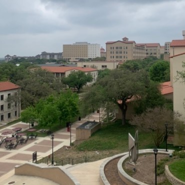 Texas state university as seen from ASBN's second floor. You can several buildings and part of Bobcat Trail.