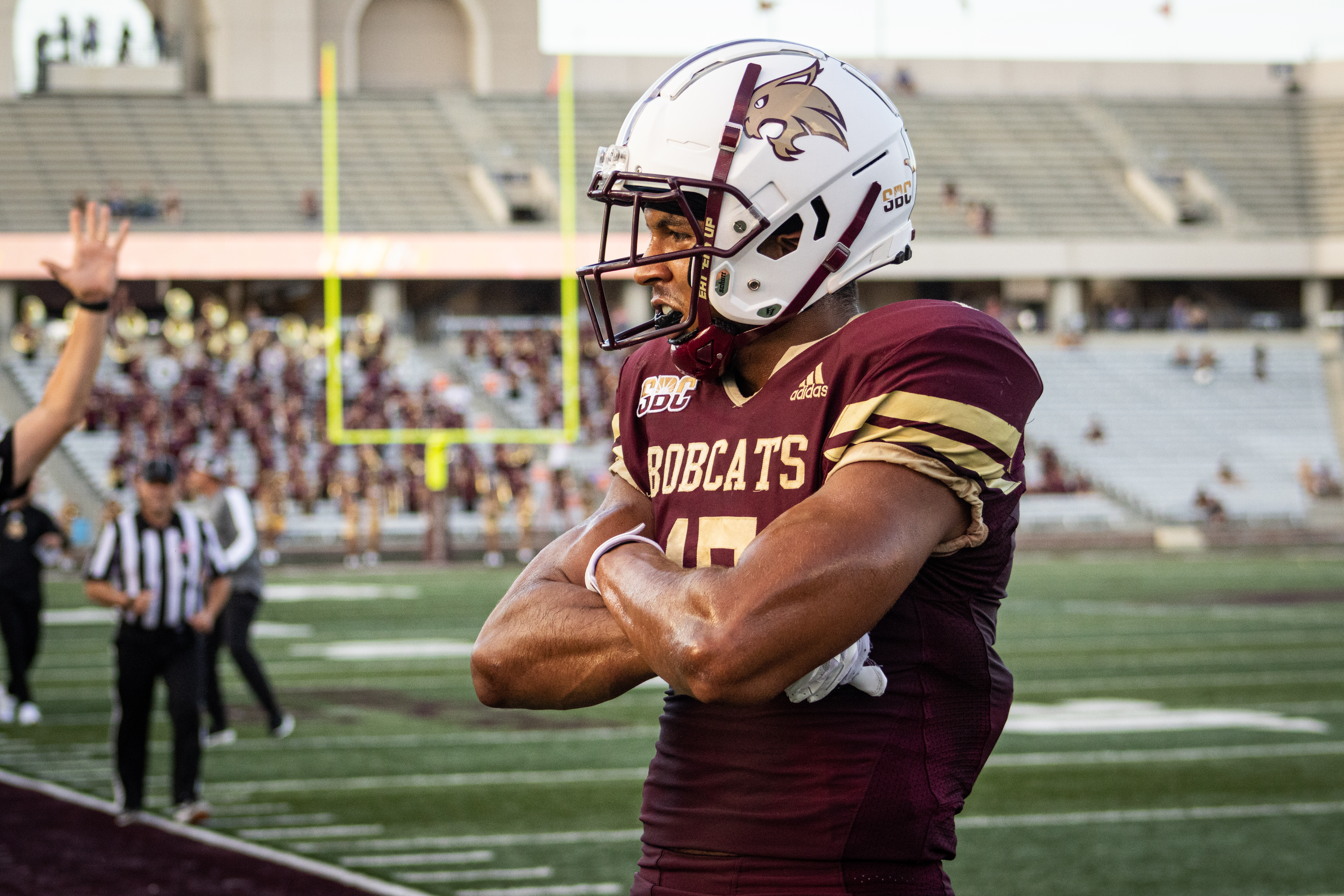 Texas State Wide Receiver celebrating after a touchdown reception mid-game