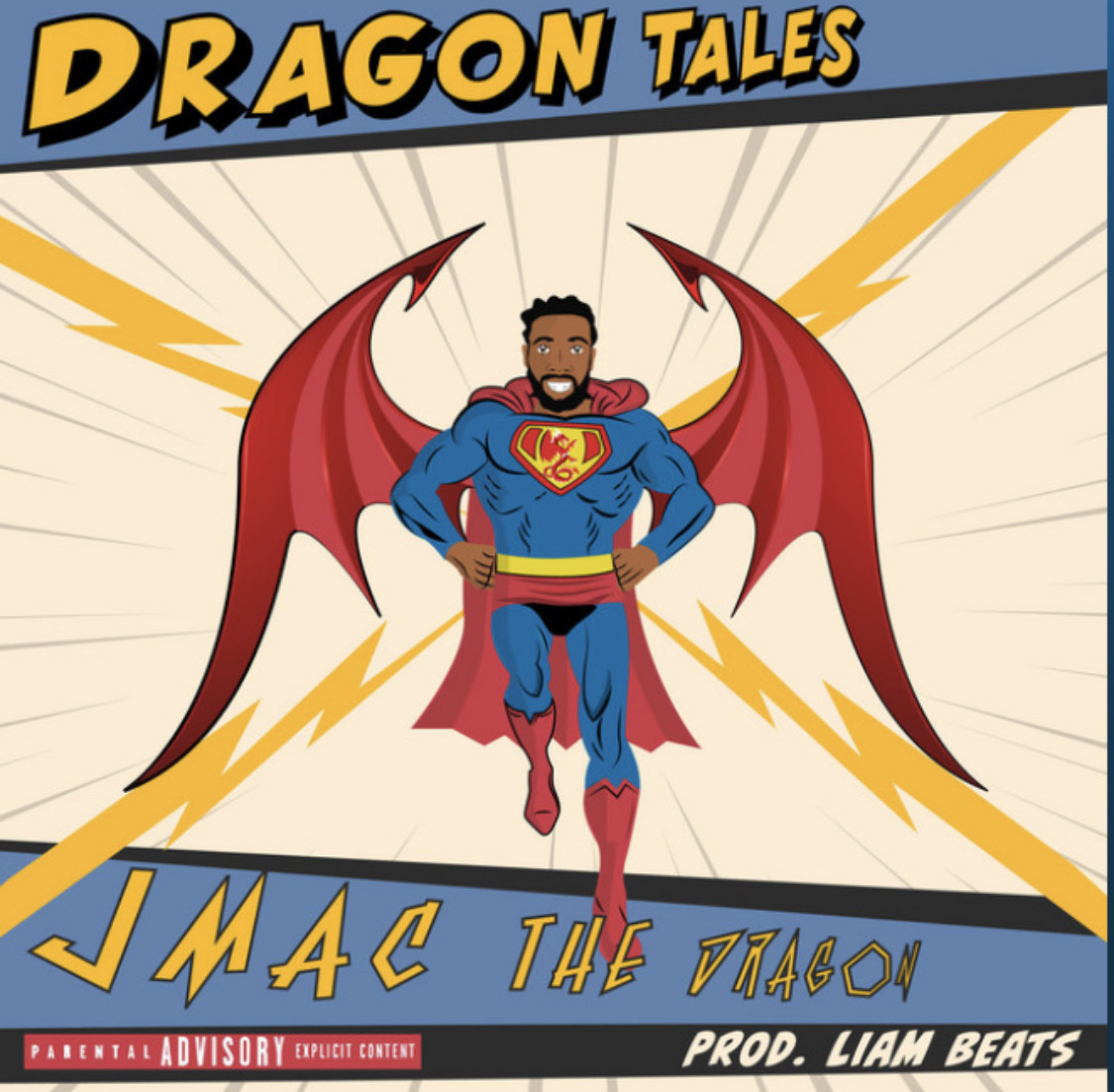 Cover art features a digital drawing of Jordan McFeders (AKA JMAC The Dragon) in a superhero suit that is reminiscent of Superman. Two crimson, dragon-like wings behind McFeders alludes to his intended “Dragon Persona.” Four bolts of lightning are visible as the emerge from behind McFeders. “DRAGON TALES” can be read in the top left corner of the cover. “JMAC THE DRAGON” can be read emerging from the bottom left corner. In the bottom right corner, “PROD. LIAM BEATS” can be seen.