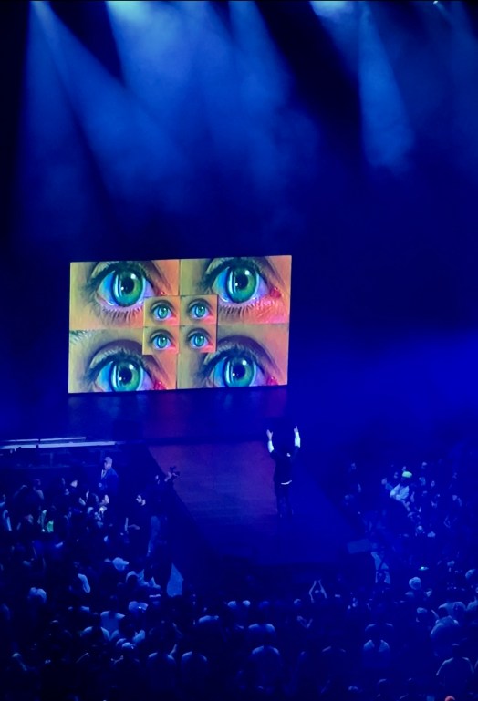  070 Shake has her back towards the audience with her hands raised high above her head while she looks at a screen displaying the same picture of a green eye with a dilated pupil within eight different boxes. Blue lights illuminate the majority of the picture. She is wearing black pants, a white long-sleeve, and an oversized black t-shirt layered over her white long sleeve. She is wearing her long, brown, curly hair down. The audience can be seen at the bottom of the picture. 