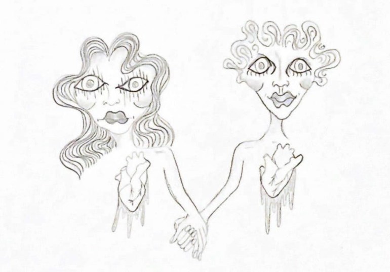 Caricature drawing of two people with exposed hearts holding hands