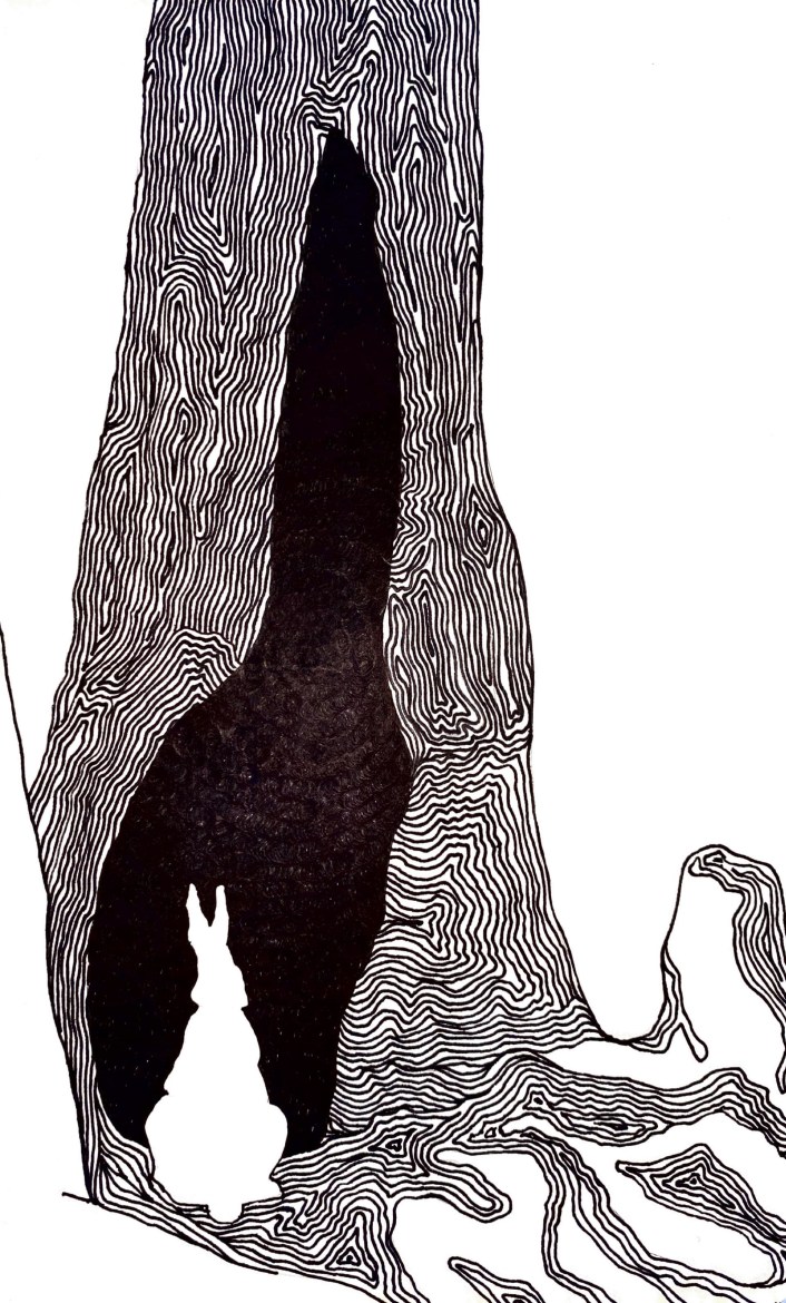 : A black and white drawing of a white rabbit facing away from the viewer as it faces a surrealist tree made up of abstract lines as the rabbit’s shadow casts largely on the tree, representing a rabbit hole.