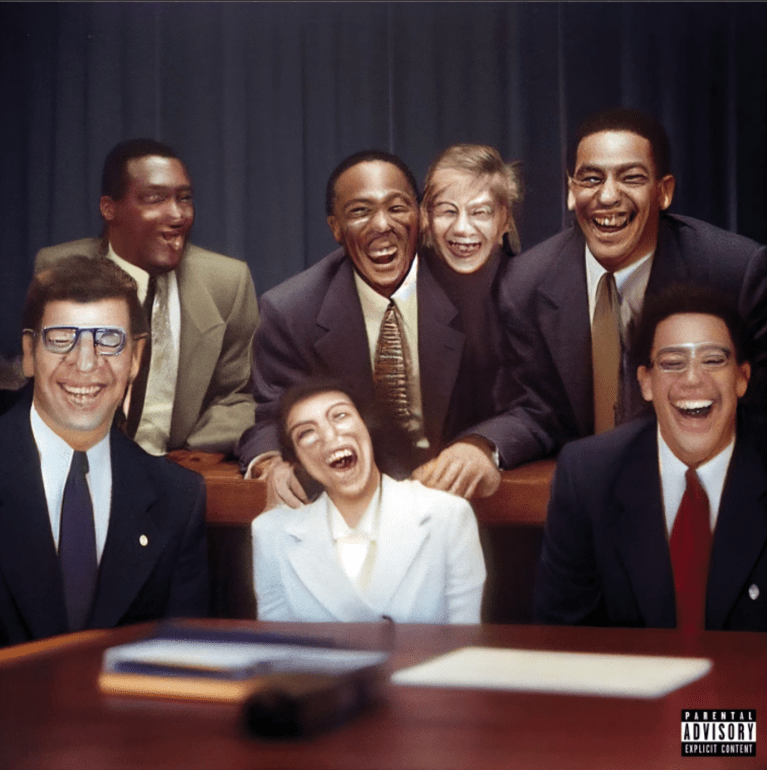 The album cover is an AI-generated illustration of men and women wearing suits in a boardroom with contorted facial features and warped smiles.