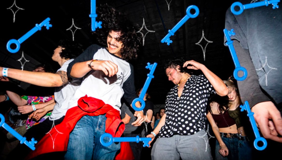 Close up image of two guys dancing in the crowd of the release party. Drawings of blue keys and diamonds are overlaid onto the image.