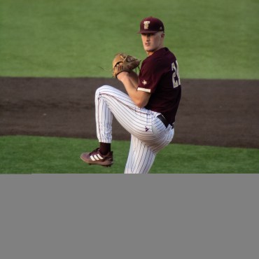 Texas State Baseball Player in maroon, Peyton Zabel (24), winds up a pitch