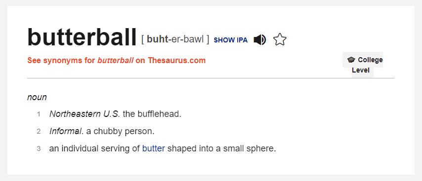 A screenshot of dictionary.com for the definition of the word “Butterball.” It reads: “Noun, Informal: a chubby person”