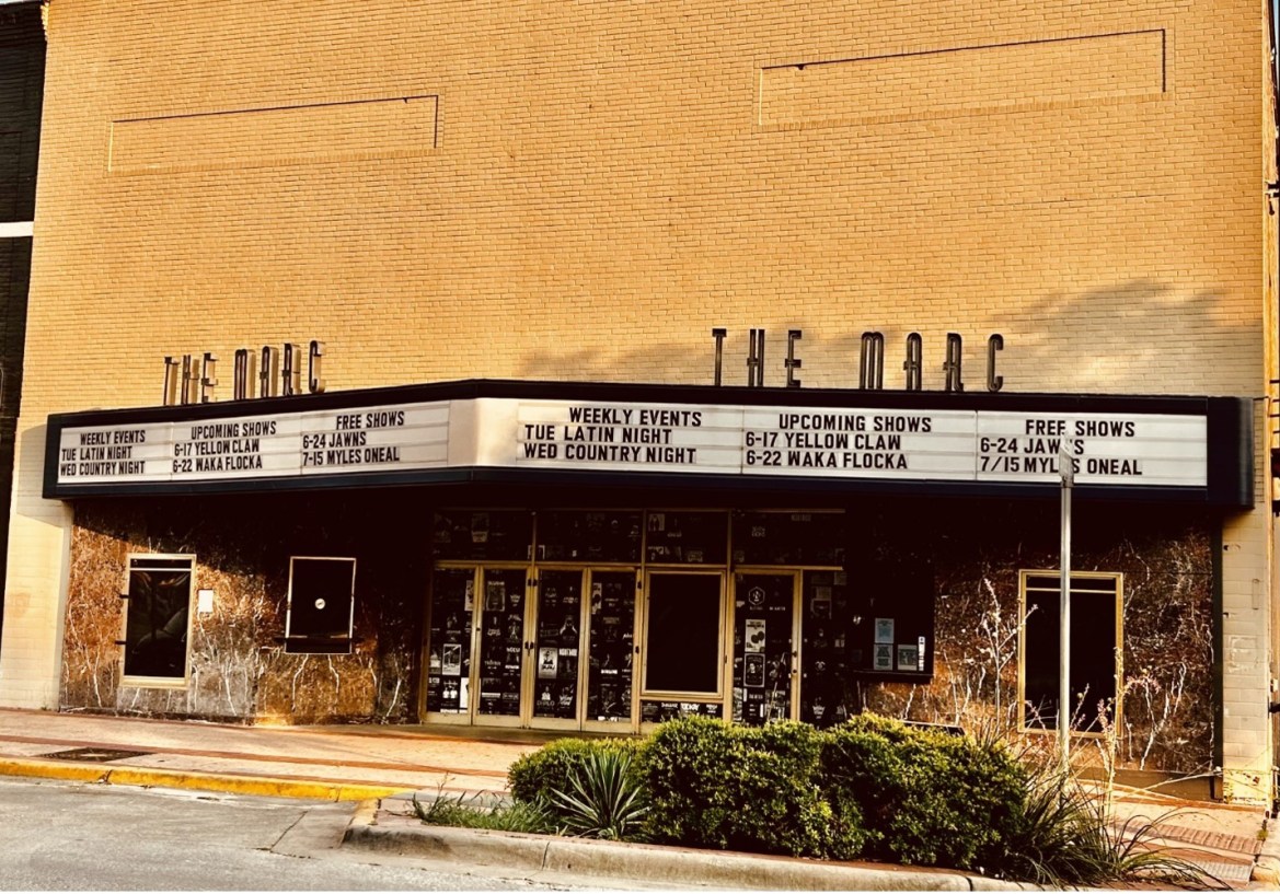 The Marc's entrance, including their sign with future event dates