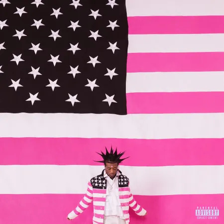 Picture of Lil Uzi Vert standing in front of a pink United States flag.