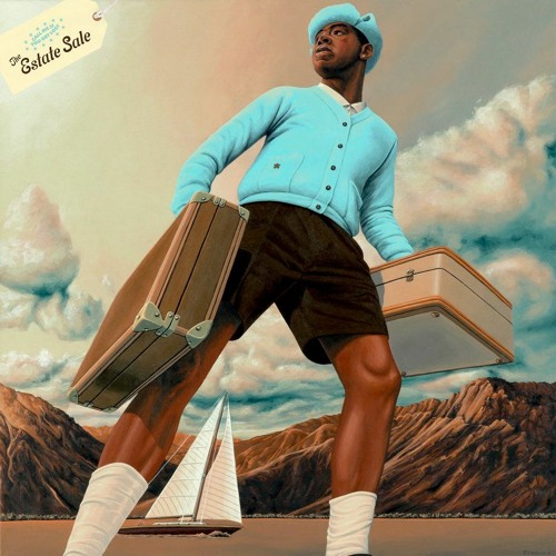 Illustrated picture of Tyler, The Creator holding suitcases with a boat and mountains in the background. 