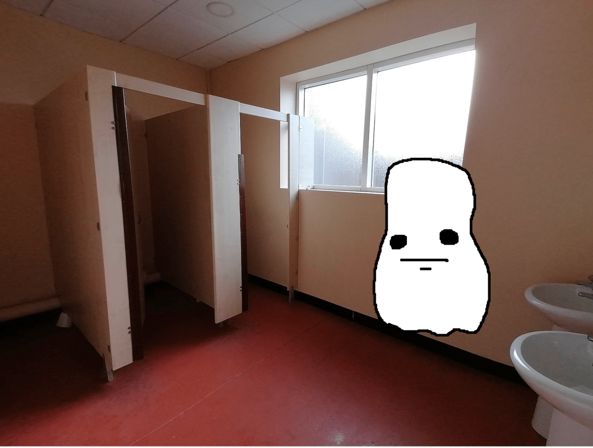 cartoon drawing of a white sheet ghost in a bathroom