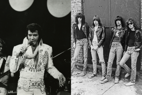 On the left is a picture of Elvis Presley in his later years wearing a white jumpsuit adorned with flashy decorations. On the right is a photo of the band The Ramones who are wearing leather jackets and jeans in an alley.