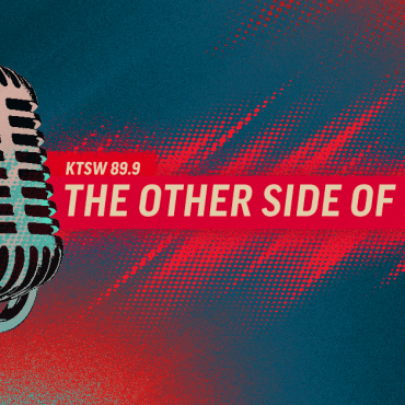 red and blue background with mic. text says "the other side of news"
