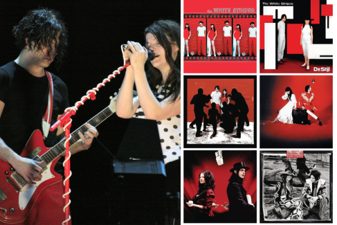 On the left is a picture of The White Stripes wearing only red, black and white. Jack White is playing a vintage, red guitar. To the right, there are various White Stripe album covers, each one featuring the colors red, black, and white exclusively.
