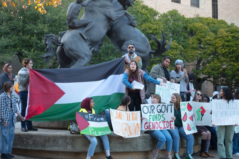 Palestine Solidarity SMTX peaceful protest at Texas State University near stallions statue