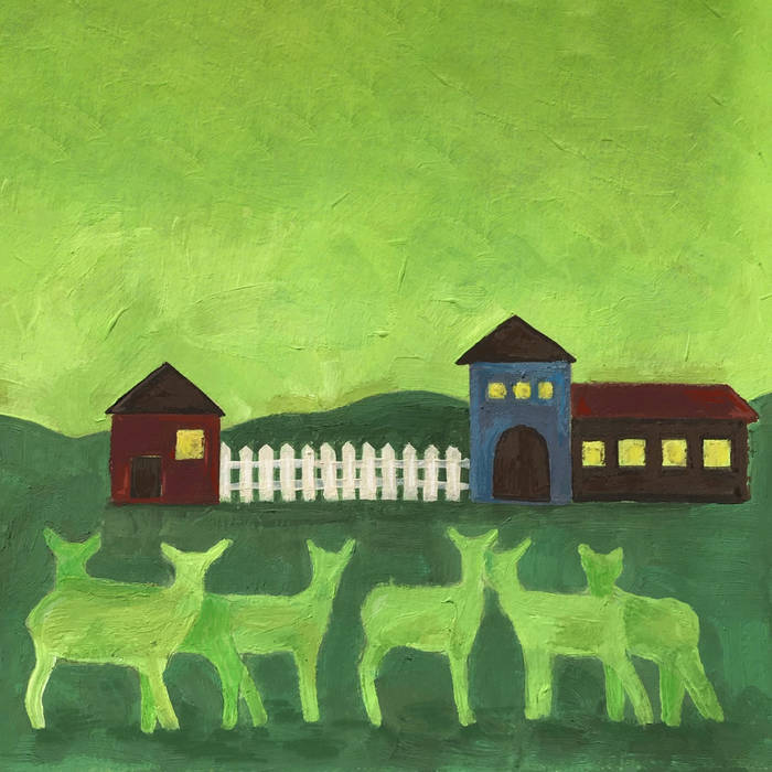 A light green sky with dark green landscaping. Light green deer stand on a dark green hill