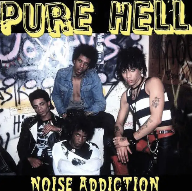Pure Hell written out on top, then four people with rock/ punk style in image. 