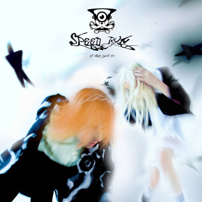 This image is the cover art for, “SPEED RUN” an album created by Lulu and Angel Prost, known as Frost Children. The cover features both Lulu and Angel, Lulu being more disguisable with their orange hair. The background is fluorescent white with two black stars on the top right and left side of the cover. Angel is in the back with Lulu placed forward, their hands placed on their heads. The whole image is slightly burred.