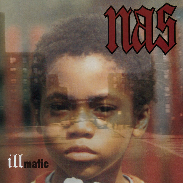 Baby picture of Nas faded with a neighborhood in the background. 