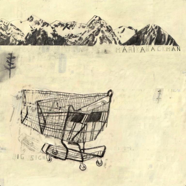 Cream-colored background with a mountain landscape. A shopping cart is seen in the foreground. 