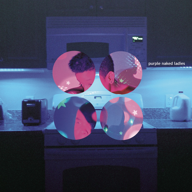 Purple hues of a small kitchen with circles of the members of the band