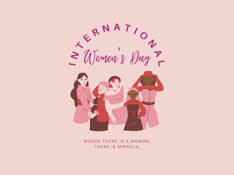 group of women on top of a pink background titled international women's day