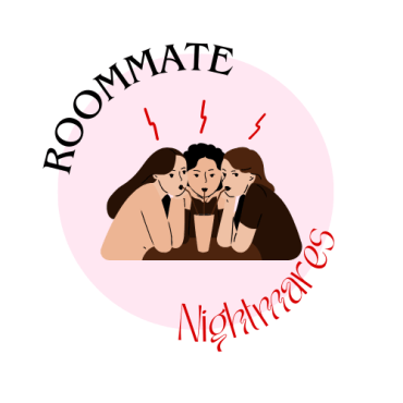 Three girls are gathered around a drink against a pink circular background. They are sipping at through three different straws. The words "Roommate" and "Nightmares" are in black and red, respectively, on either corner of the circle.