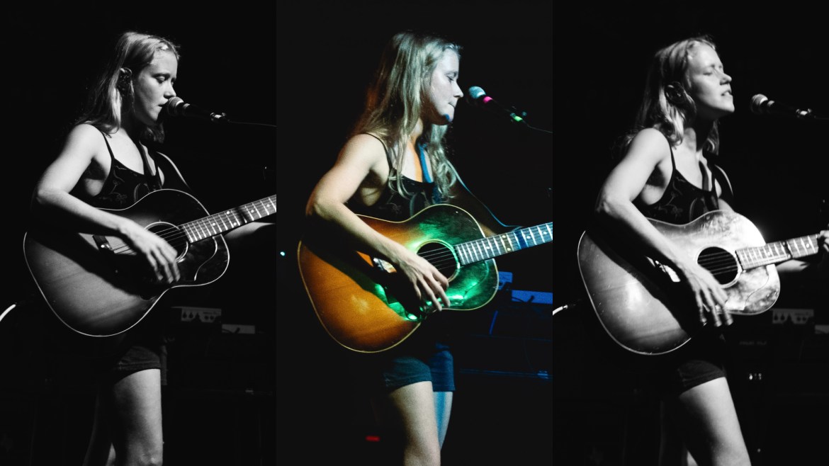 A collage of three photos of Alice Phoebe Lou performing at mohawk. Each is from the same left side perspective. The outer photos are the same of alice singing up to the mic in black and white. The middle image is of Alice in color, the stage lights make it look like a multi-color hue.
