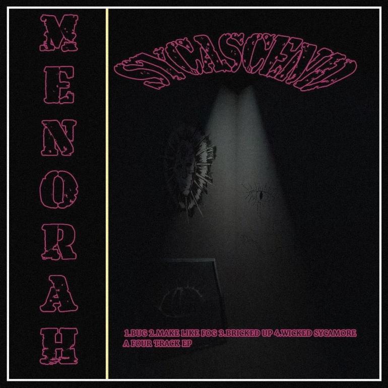 Purple text listing the band Menorah’s EP Sycascend obscure a black and white image of an eyeball, a portrait, and a face, illuminated by a central light. 