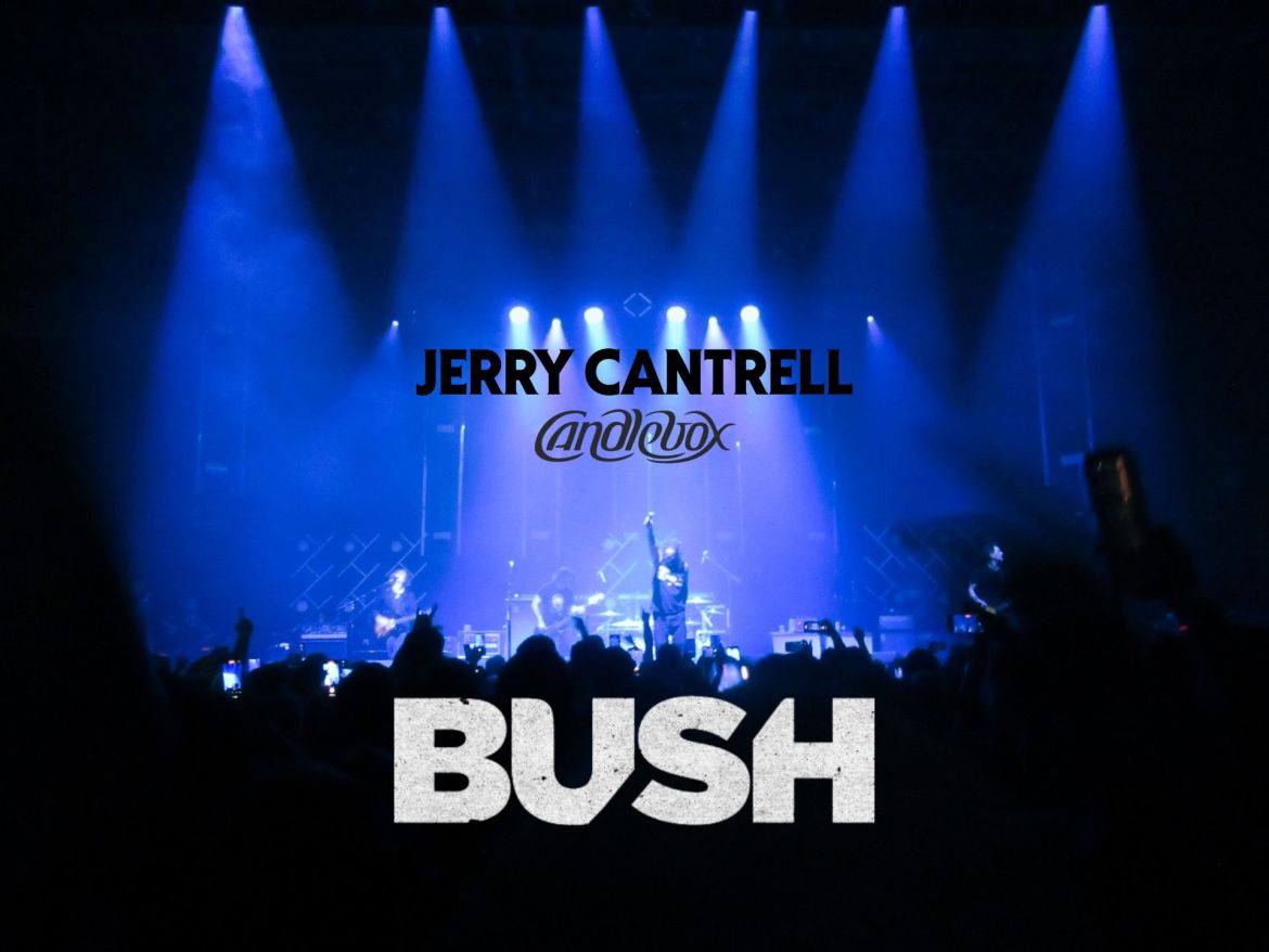 Still photo of Candlebox performance where lead singer, Kevin Martin, is standing center-stage with his head down and his arm raised, holding his microphone in the air. Bush’s logo is pasted at the bottom of the image while the logos of Jerry Cantrell and Candlebox are pasted above the singer’s head.