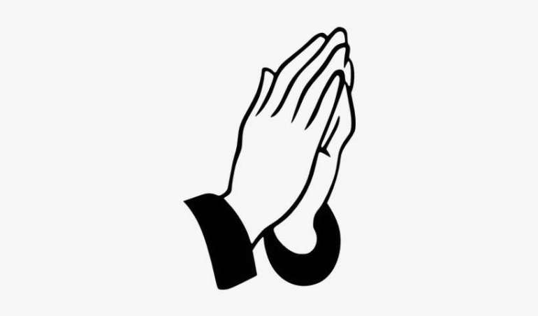 A black outline of two open palm hands in prayer