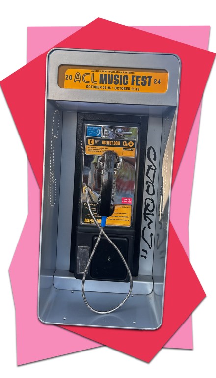  A picture of an old-school payphone, designed in the yellow colored stylings of ACL Music Festival 2024. This cut-out image is placed over flat abstract two toned design.