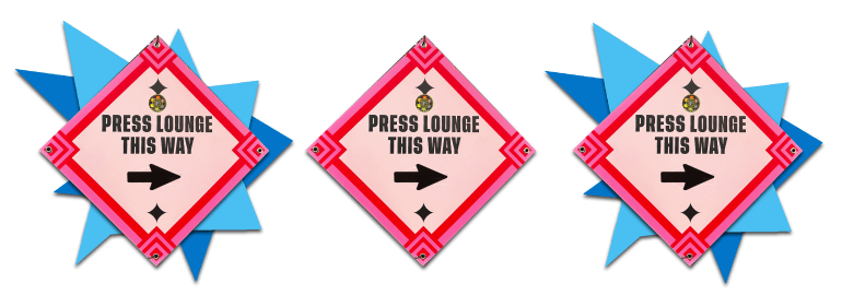 Three identical cut-out photos of the ACL Music Festival press lounge signage, directing people to the location of the entrance. The sign is in a diamond shape, with pink coloring, featuring the words “Press Lounge This Way.” These cut-out image is placed over flat abstract two toned design.