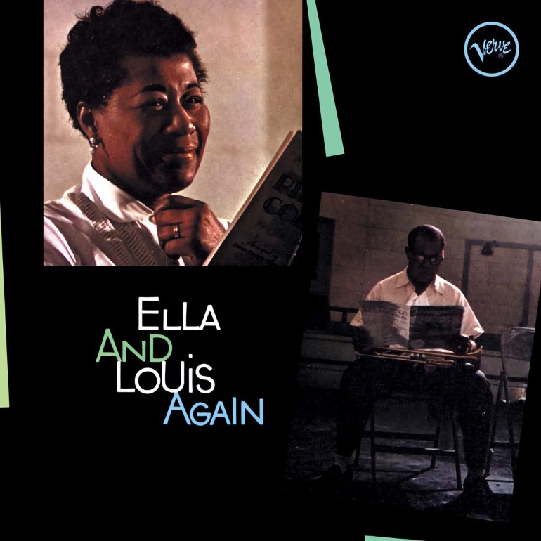 Pictures of Ella Fitzgerald and Louis Armstrong are collaged into a black background, with white, green and blue text that read Ella and Louis Again. 