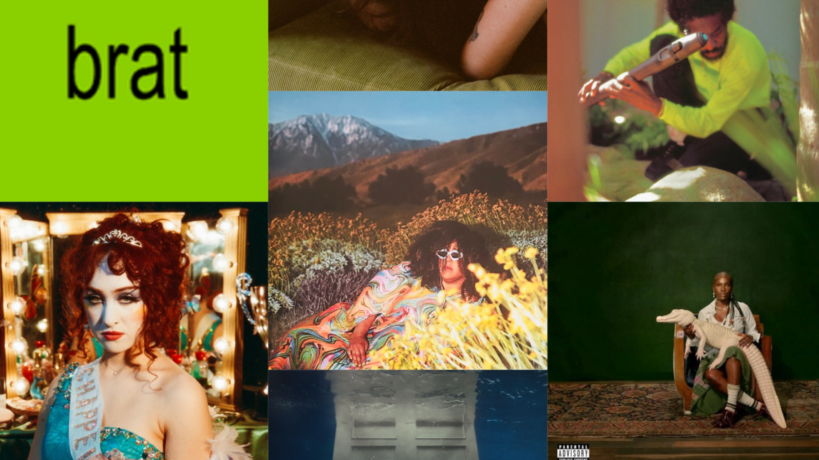 The photo is a collage of the album covers for albums nominated for the 2025 Grammy Awards. The albums included in the collage, from left to right, are “The Rise and Fall of a Midwest Princes” by Chappell Roan, “brat” by Charli xcx, “Charm” by Clairo, “What Now” by Brittany Howard, “HIT ME HARD AND SOFT” by Billie Eilish, “New Blue Sun” by André 3000, and “Alligator Bites Never Heal” by Doechii.