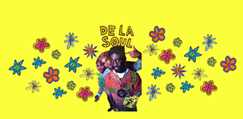 A cutout of the trio, De La Soul, posing for the press of their debut album, “3 Feet High and Rising”. They sit underneath the title of their group, De La Soul. They are surrounded by a large amount of flowers, varying in sizes, that resemble a style most likely drawn from a hipster-inspired design.